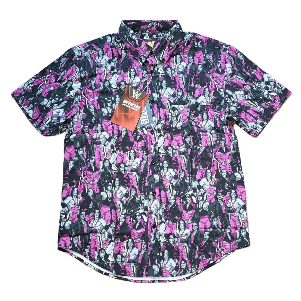 NWT RSVLTS Bret Hart All Hart Size Medium Mens KUNUFLEX Button Down Short Sleeve